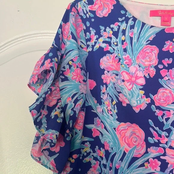 Lilly Pulitzer Floral Ruffle Sleeve Top - Blue and Pink - Picture 3 of 3